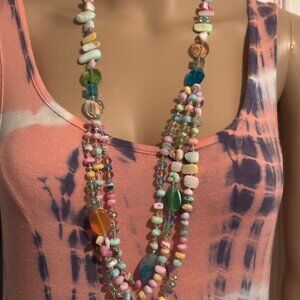 Multicolor Long Beaded Necklace with 3-Strand Accent